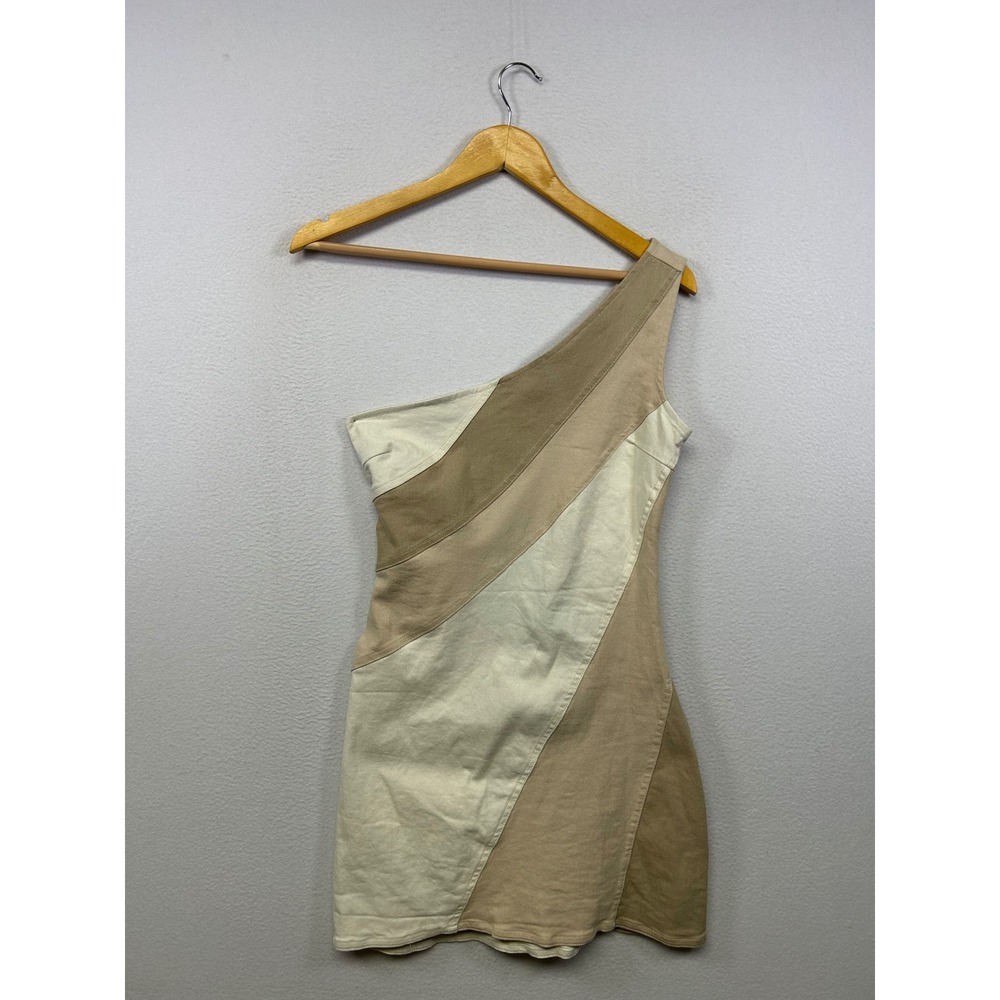 Neutral Colorblock Lulus Womens Small Beige One Shoulder Cotton Mini Dress‎